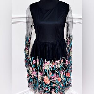Boohoo Black Dress with Colorful Floral Embroidery